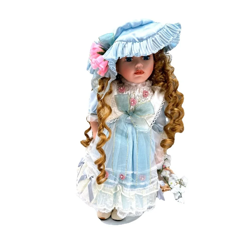Cathay Collection Porcelain‎ Doll Blue Dress Curly Hair With Box Collectible